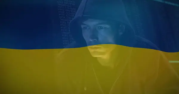 Image Caucasian Male Hacker Flag Ukraine Ukraine Crisis Cyber Warfare — Stock Photo, Image