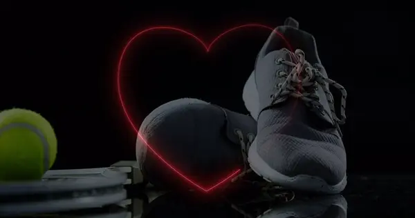 Image of neon heart over ball and sport shoes. Sport, fitness, active lifestyle and life functions monitoring concept digitally generated image.