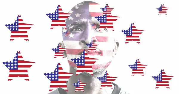 Image American Flag Stars Moving Thoughtful African American Man White — Stock Photo, Image