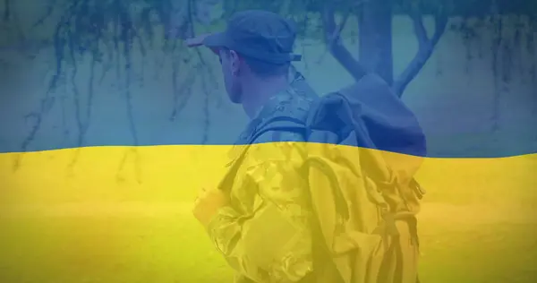 Image Flag Ukraine Caucasian Male Soldier Ukraine Crisis International Politics — Stock Photo, Image