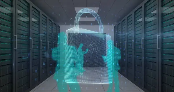 Image of cyber attack warning and padlock over silhouettes of people in server room. global internet security, connections and data processing concept digitally generated image.