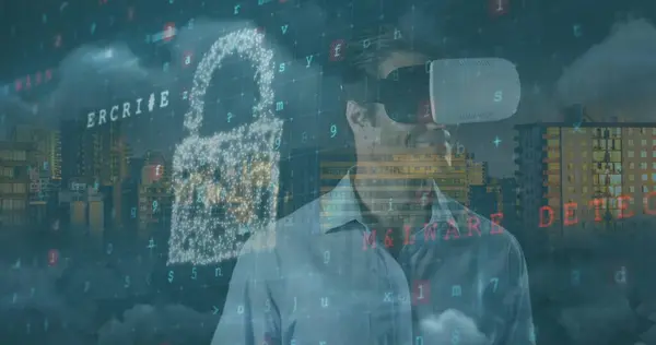 Image of cyber security, digital padlock and numbers over caucasian man in vr headset. Network, data processing, digital security and technology concept digitally generated image.