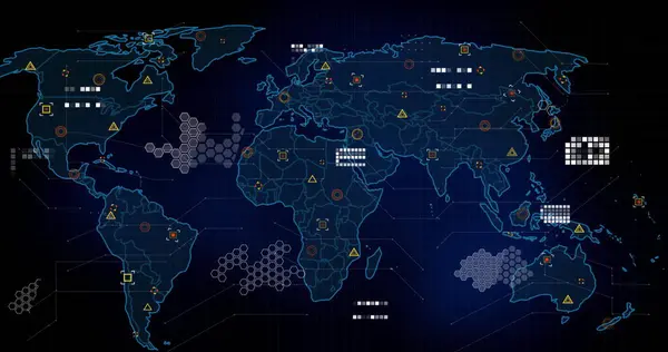 Dünya Haritasında Işaretleyicilerin Veri Işlemenin Resmi Küresel Dijital Arayüz Dijital — Stok fotoğraf