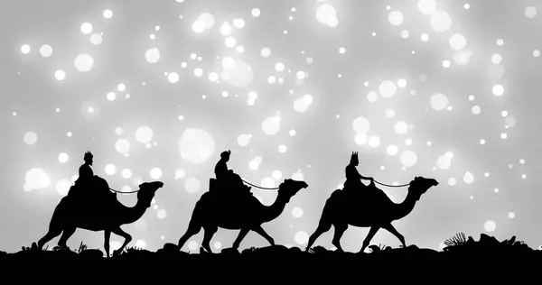Image Glowing Spots Christmas Wise Men Camels Grey Background Christmas — Stock Photo, Image