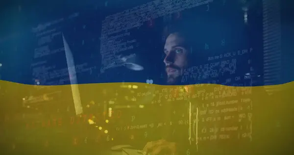 Image Caucasian Male Hacker Data Processing Flag Ukraine Ukraine Crisis — Stock Photo, Image