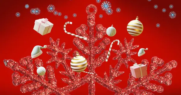Image Christmas Decorations Snowflakes Red Background Christmas Festivity Tradition Celebration — Stock Photo, Image
