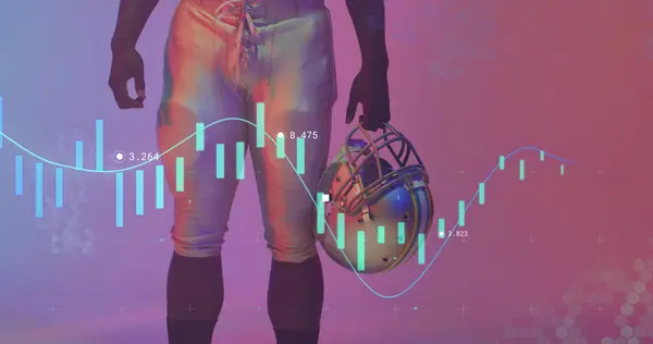 Image of data processing with markers over american football player. Sports, competition, data processing and communication concept digitally generated image.
