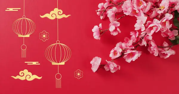 Image Chinese Pattern Blossom Decoration Red Background Chinese New Year — Stock Photo, Image