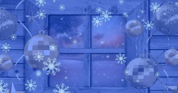 窗外雪片的图像 有灌木丛和冬日的风景 圣诞节 传统和庆祝概念数字生成的图像 — 图库照片