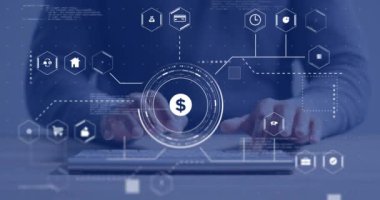 Çift ırklı iş adamlarının dizüstü bilgisayar kullanarak iş ikonlarıyla olan bağlantılarının animasyonu. Finansal, ticari, iletişim, bilgisayar ve dijital arayüz kavramı dijital olarak oluşturuldu.