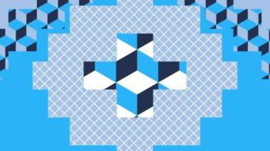 Mavi arka planda hareket eden beyaz ve mavi şekillerin animasyonu. Desen, teknoloji ve dijital arayüz kavramı dijital olarak oluşturulmuş video.