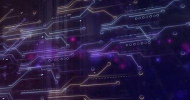 Bilgisayar sunucularında devre kartı ve veri işleme animasyonu. Dijital olarak oluşturulmuş küresel bağlantılar, hesaplama ve veri işleme kavramı.