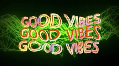 Renkli iyi titreşimlerin animasyonu koyu arkaplanda parlayan yeşil ağ üzerinde çarpıtılan metinler. Retro, sosyal ağ, bağlantı, dijital arayüz ve iletişim, dijital olarak oluşturulmuş video.