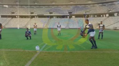 Sahadaki çeşitli ragbi oyuncuları üzerinde ekvador bayrağı animasyonu. Küresel spor, rekabet, bilgisayar ve veri işleme kavramı dijital olarak oluşturulmuş video.