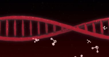 Moleküllerin üzerindeki DNA iplikçiklerinin animasyonu. Teknoloji, bilim ve dijital arayüz kavramı dijital olarak oluşturulmuş video.