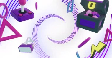 Mor spiral çizgiler üzerinde oyun kontrolörlerinin, ekipmanların ve simgelerin canlandırılması. ağ, veri, oyun, yükleme, dijital arayüz ve iletişim, dijital olarak oluşturulmuş video.