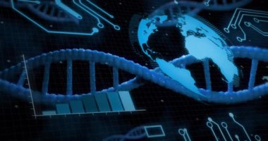 DNA ipliği üzerinde dijital veri işleme animasyonu. Küresel bilim, bağlantılar, hesaplama ve veri işleme kavramı dijital olarak oluşturulmuş video.