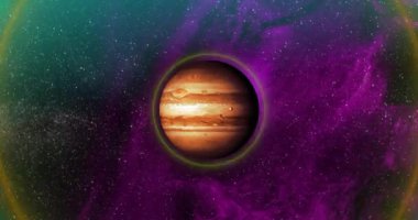 Gökyüzünde yıldızlı renkli şekillerin animasyonu. Yer, gezegenler ve ışık konsepti dijital olarak oluşturulmuş video.