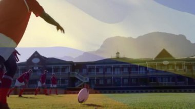 Kolombiya bayrağının animasyonu farklı erkek rugby oyuncuları üzerinde. Küresel spor, vatanseverlik ve dijital arayüz kavramı dijital olarak üretilen video.