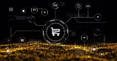 Siyah arkaplandaki noktalar üzerinden simgeler ve veri işleme ile bağlantı ağının animasyonu. Finansal, bilgisayar, bağlantılar ve dijital arayüz konsepti dijital olarak oluşturulmuş video.