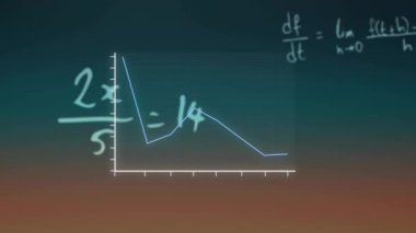 Matematiksel formüllerin animasyonu ve karanlık arka planda veri işleme. Küresel finans, iş, bağlantılar, hesaplama ve veri işleme kavramı dijital olarak oluşturulmuş video.