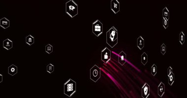 İş simgelerinin siyah arkaplandaki ışık yollarının üzerinde canlandırılması. Finansal, iş dünyası, bağlantılar ve dijital arayüz konsepti dijital olarak oluşturulmuş video.