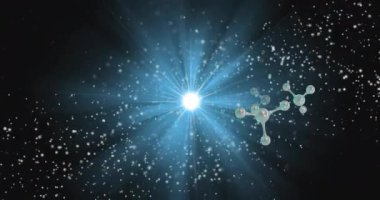 DNA ipliği üzerinde yüzen moleküllerin animasyonu. Bilim, şekiller ve dijital arayüz konsepti dijital olarak oluşturulmuş video.