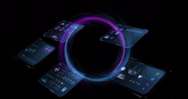 Finansal veri işleme animasyonları siyah arkaplan üzerindeki çemberler üzerinden. Finansal, ticari, hesaplama, bağlantılar ve dijital arayüz kavramı dijital olarak oluşturulmuş video.