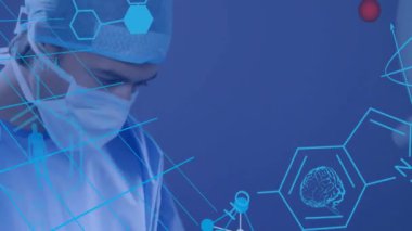 Kafkas erkek cerrahının hastayı ameliyata hazırlaması üzerine kimyasal formülün animasyonu. Tıp ve dijital arayüz kavramı dijital olarak oluşturulmuş video.