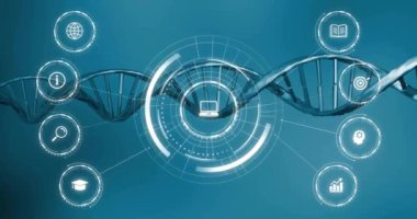 DNA ipliği üzerinde medya simgelerinin canlandırılması. Teknoloji, bilim ve dijital arayüz kavramı dijital olarak oluşturulmuş video.