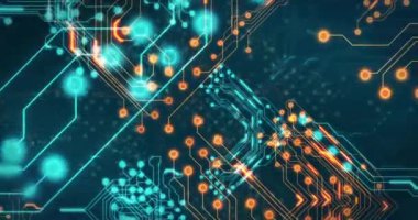 Bilgisayar devre kartından dijital veri işleme animasyonu. Dijital olarak oluşturulmuş küresel bağlantılar, hesaplama ve veri işleme kavramı.