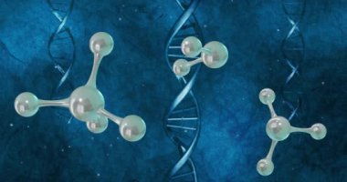 DNA ipliklerinin üzerinde yüzen moleküllerin animasyonu. Bilim, şekiller ve dijital arayüz konsepti dijital olarak oluşturulmuş video.