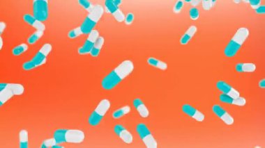 Kırmızı arka planda düşen hapların animasyonu. Teknoloji, tıp ve dijital arayüz kavramı dijital olarak oluşturulmuş video.