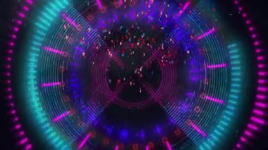 Konfeti düşüşünün animasyonu ve siyah arkaplan üzerinde tarama. Teknoloji ve dijital arayüz kavramı dijital olarak oluşturuldu.