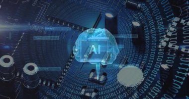 Siyah arkaplan üzerinde ai metin, beyin ve dijital veri işleme animasyonu. Dijital olarak oluşturulmuş küresel yapay zeka, bağlantılar, hesaplama ve veri işleme kavramı.