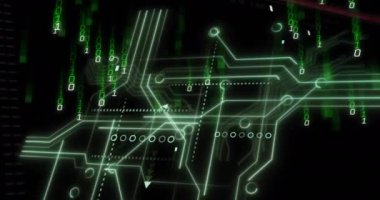 Siyah arkaplan üzerinde ikili kodlama ve dijital veri işleme animasyonu. Dijital olarak oluşturulmuş küresel bağlantılar, hesaplama ve veri işleme kavramı.