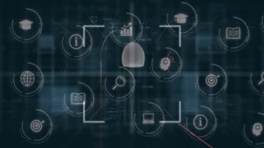 Siyah arka planda lamba üzerinde iş simgeleri ve veri işleme animasyonları. Küresel iş, bilgisayar ve dijital arayüz kavramı dijital olarak oluşturulmuş video.