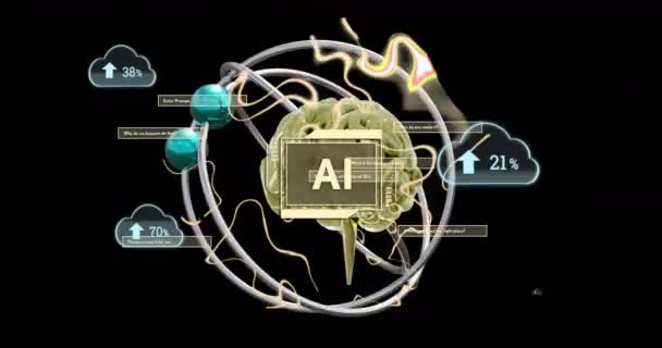 Animazione Testi Cervello Elaborazione Dei Dati Digitali Sfondo Nero Intelligenza — Video Stock