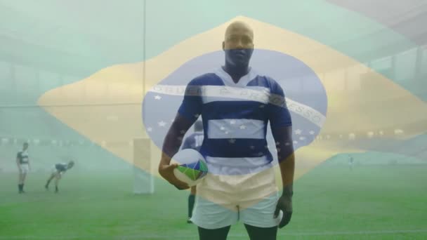 Animáció Brazil Zászló Felett Különböző Rögbi Játékosok Pályán Globális Sport — Stock videók