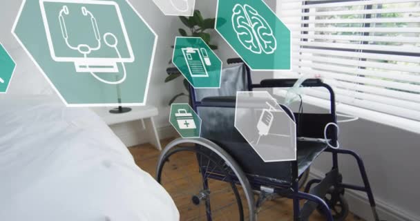 在空荡荡的轮椅上动画医学图标 科学和数字接口概念数字生成视频 — 图库视频影像