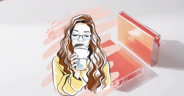 Beyaz Arka Planda Turuncu Kutuların Üzerinde Kahve Ikonu Içen Kadın — Stok video