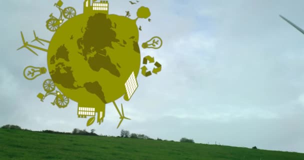 エネルギーとエコロジーを備えた惑星地球のアニメーションは 曇った空の風力タービンを象徴しています 気候変動 エコロジー エネルギー 再生可能資源 環境意識 デジタル生成されたビデオ — ストック動画