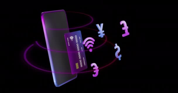 Animacja Karty Kredytowej Smartfona Czarnym Tle Globalna Koncepcja Bankowości Internetowej — Wideo stockowe
