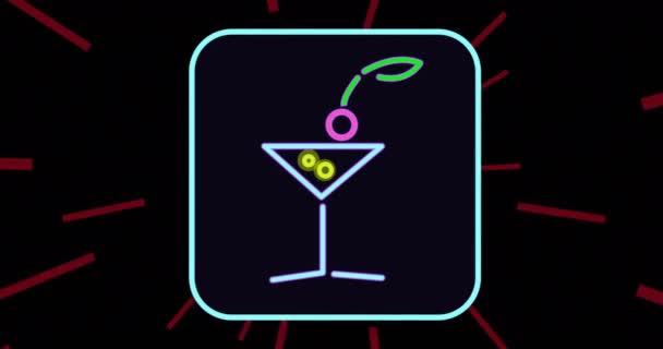 Animation Cocktail Neon Icon Frame Black Background Bar Party Fun — Stock Video