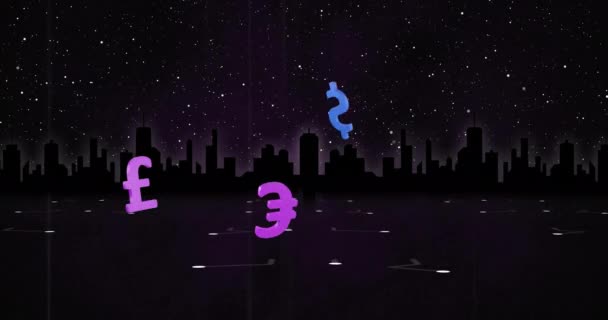 Animáció Valuta Szimbólumok Felett Cityscape Fekete Háttér Pénzügyek Kapcsolatok Digitális — Stock videók