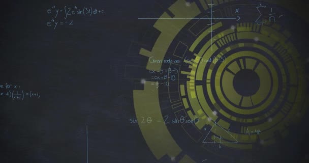 Animace Žlutého Kruhového Skeneru Zpracovávajícího Matematické Rovnice Tmavém Pozadí Připojení — Stock video