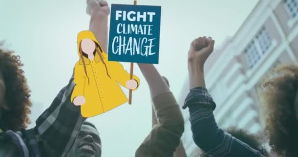気候変動のプラカードと多様なグループが拳を上げる戦いの慎重な少女のアニメーション 気候変動 エコロジー 環境意識 デジタル生成されたビデオ — ストック動画