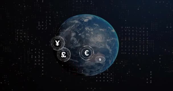 Animation Globe Currency Symbols Spots Black Background Finances Connections Digital — Stock Video