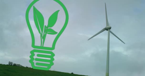 Animación Planta Bombilla Verde Sobre Turbina Eólica Contra Cielo Nublado — Vídeos de Stock