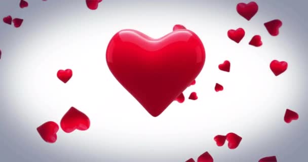 Animace Tlukoucího Srdce Nad Padajícími Červenými Srdci Bílém Pozadí Láska — Stock video
